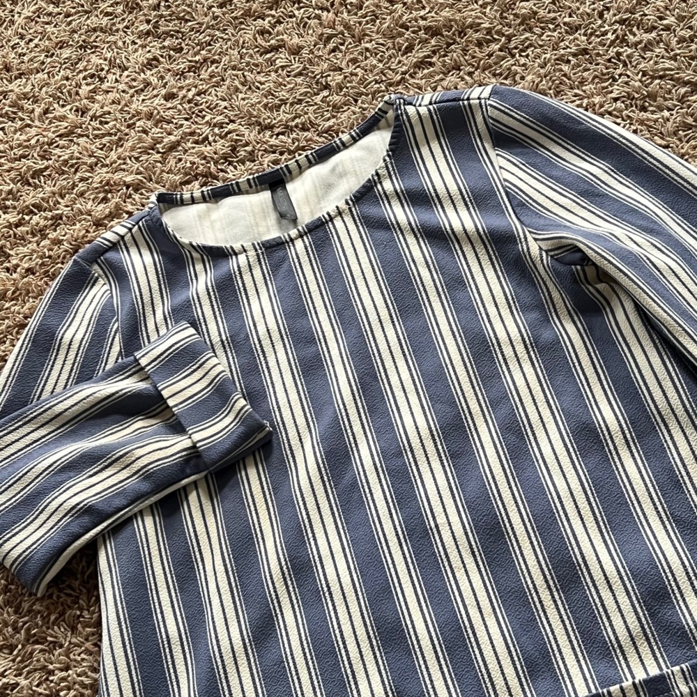 Massini Blue White Striped Shift Dress 3/4 Sleeve Pocketed Crepe Knit Small